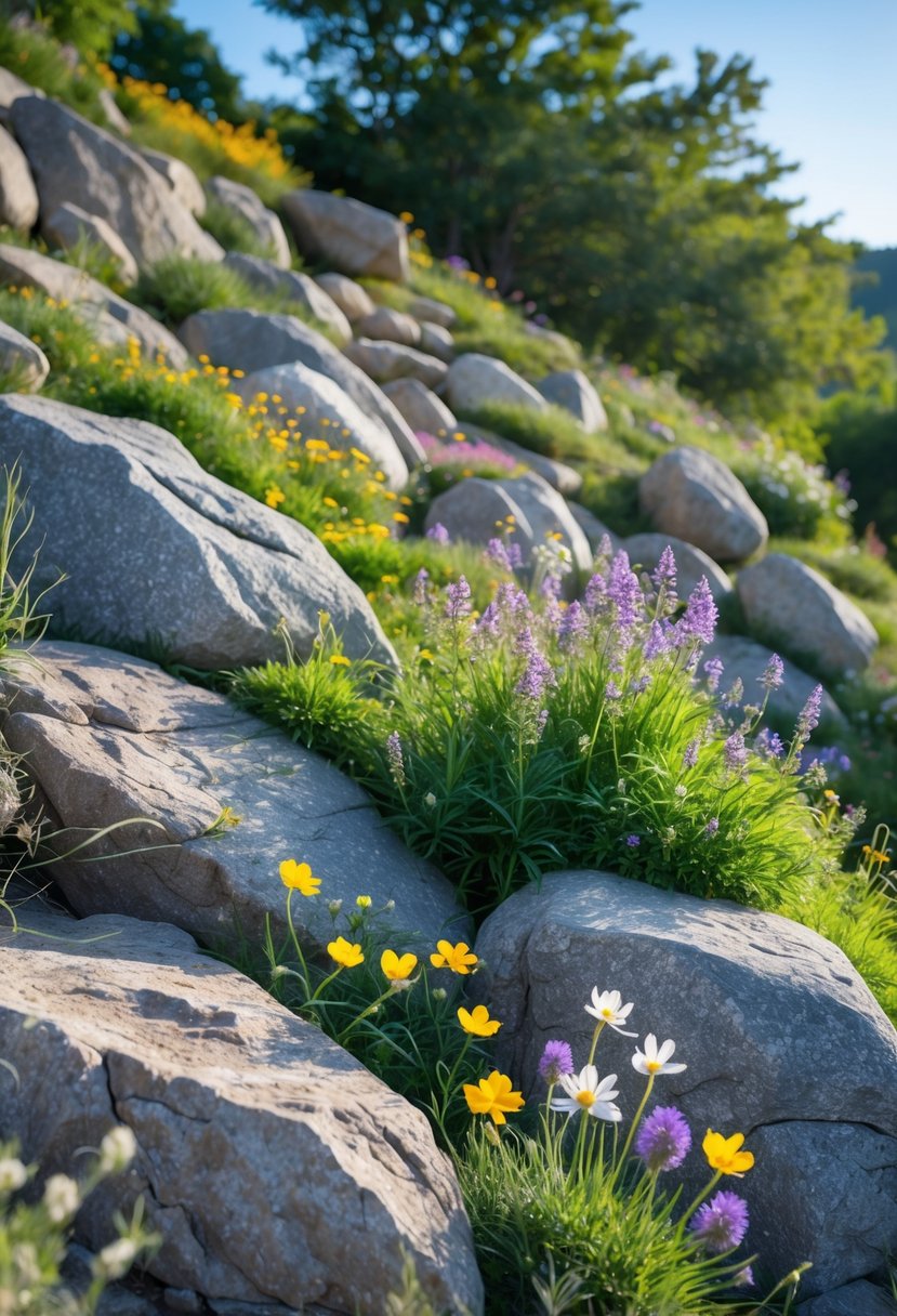 Wildflowers growing between large boulders on a sloped rock garden under natural sunlight.