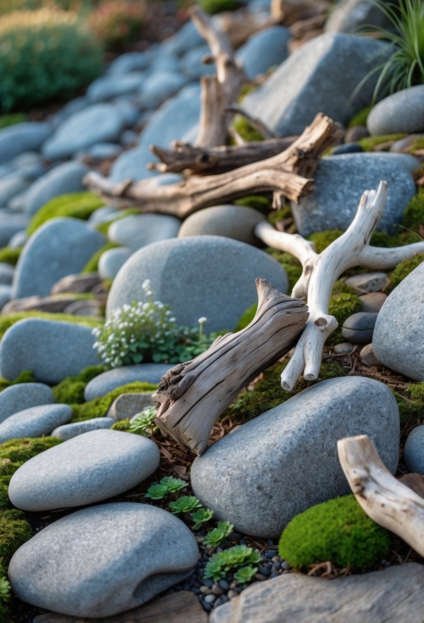 A rock garden on a slope with driftwood pieces arranged among natural rocks and small plants.