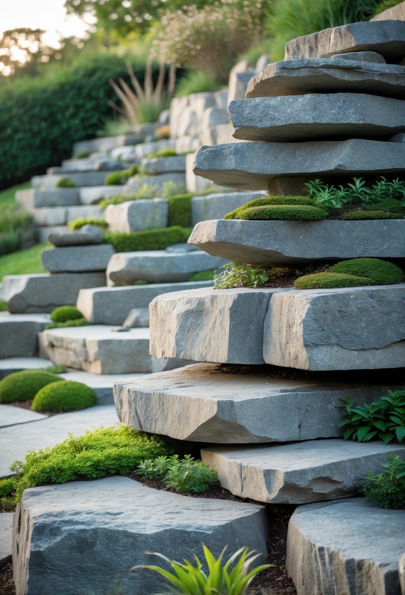 A rock garden on a slope with vertical rock layers and small plants growing between them.
