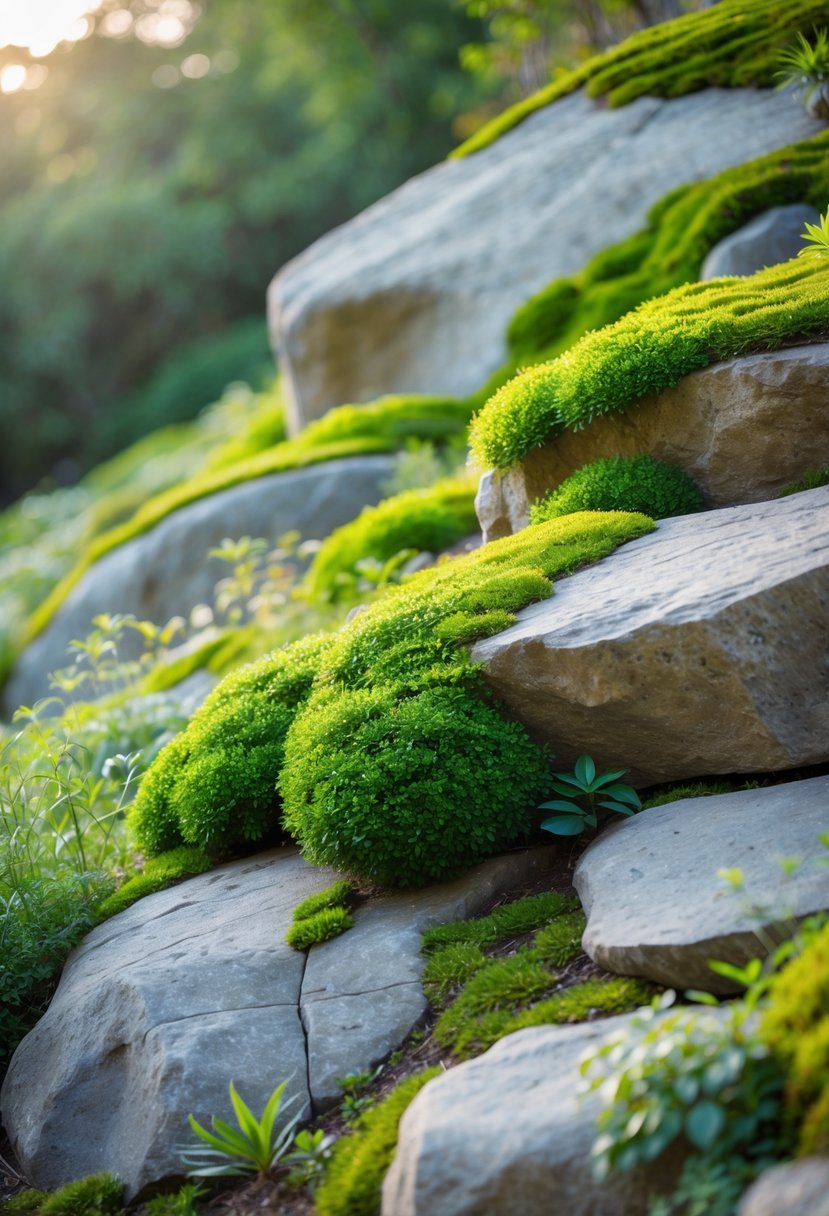 A rock garden on a slope with large rocks softened by green moss and surrounded by small plants.