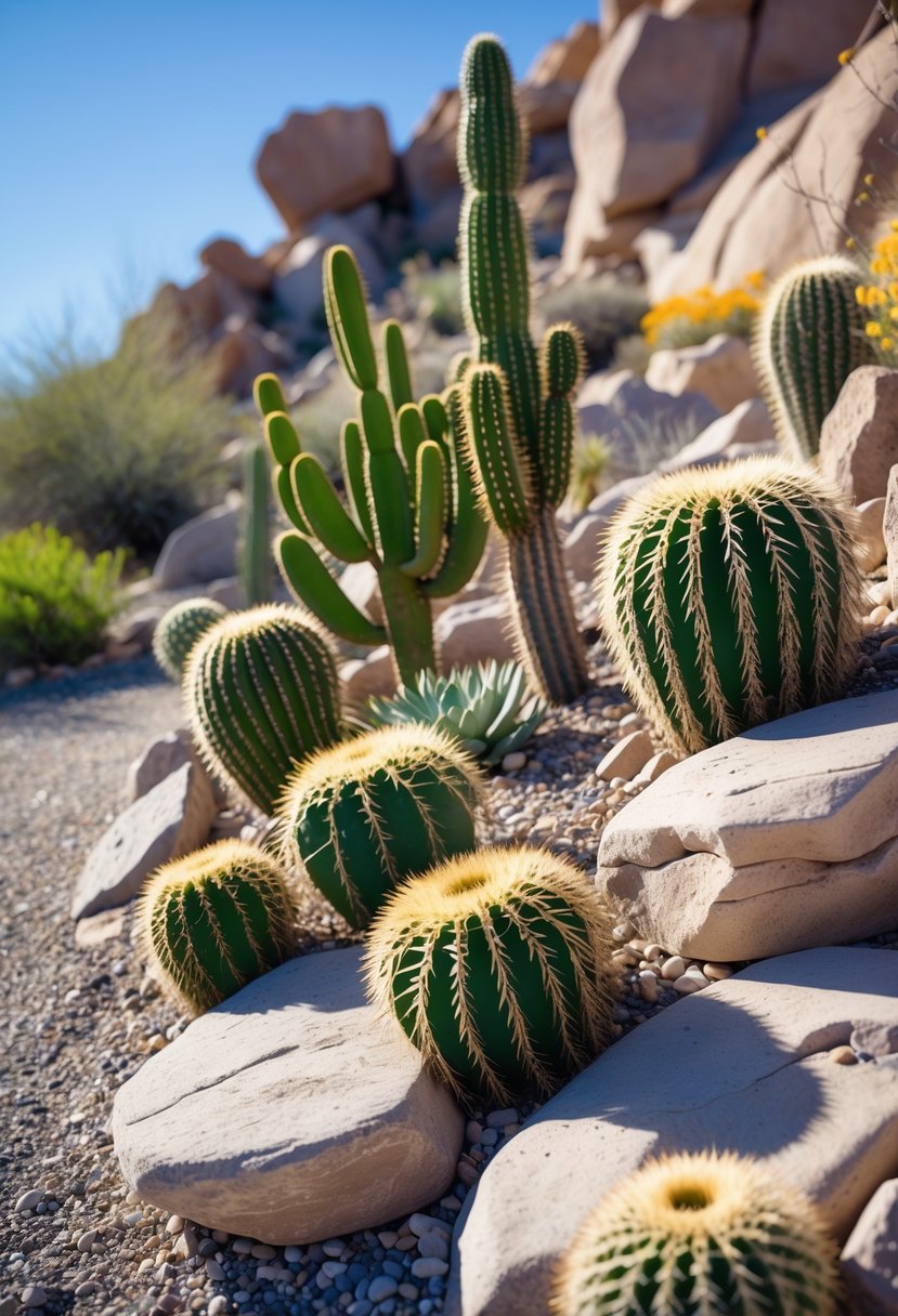 A sunlit rock garden on a slope with various cacti growing among natural stones and gravel under a clear blue sky.