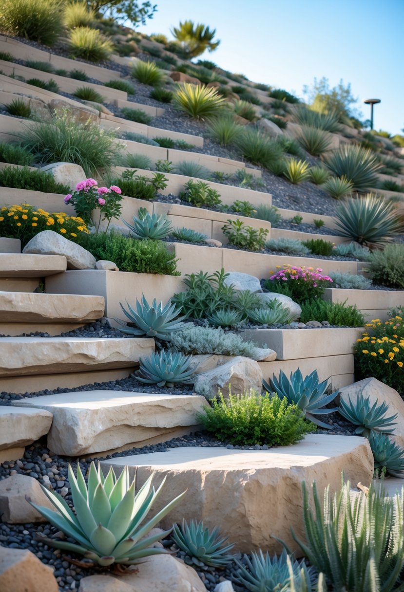 A terraced hillside with flat planting areas featuring rocks, succulents, and small shrubs arranged in a low maintenance garden.