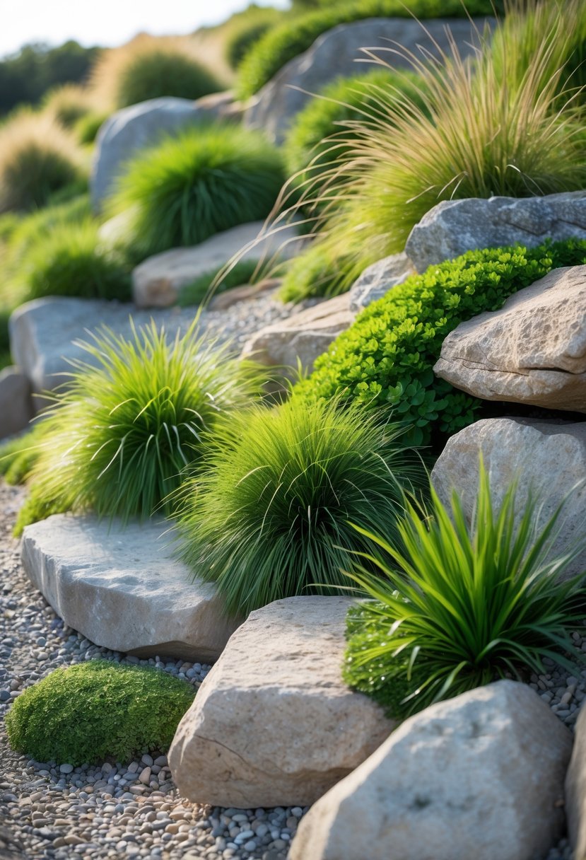 A rock garden on a slope with native grasses growing among natural rocks.