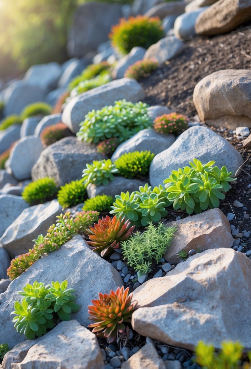 A slope covered with rocks and low-growing green sedum plants growing in the crevices between the stones.