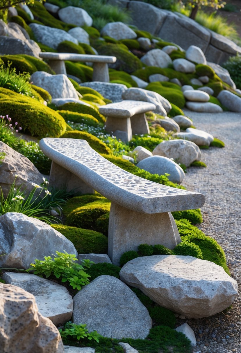 A rock garden on a slope with stone benches carved from natural rock surrounded by plants and stones.