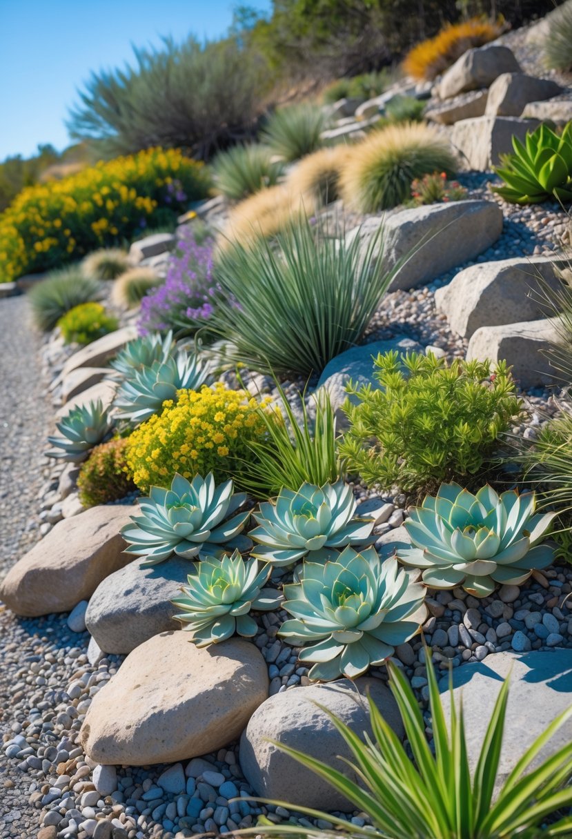 A rock garden on a gentle slope with native plants and natural stones under a clear blue sky.