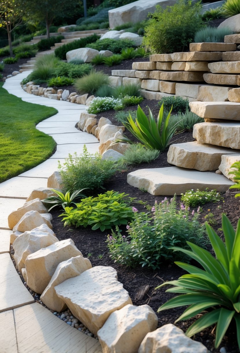 Pathways bordered by limestone rocks winding through a rock garden on a hillside slope with green plants and shrubs.