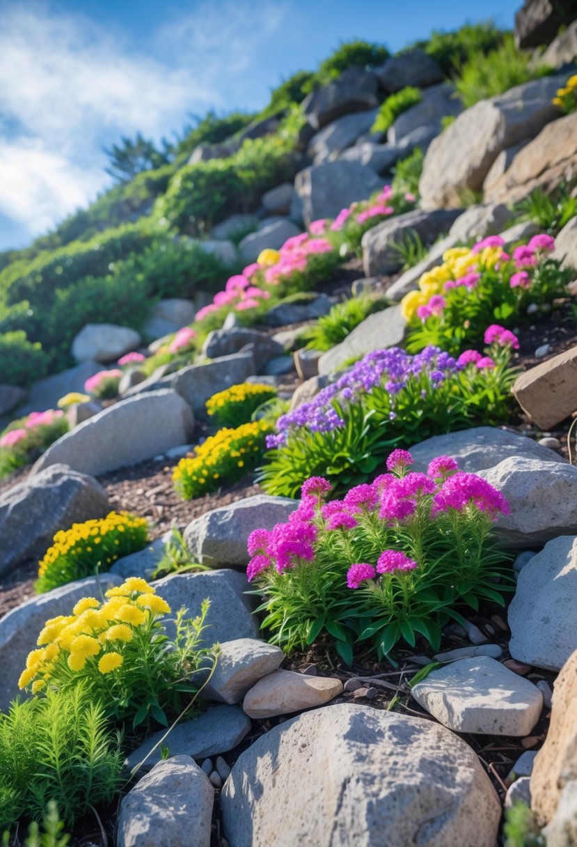 A colorful rock garden on a slope with various flowering plants and natural stones under a clear sky.