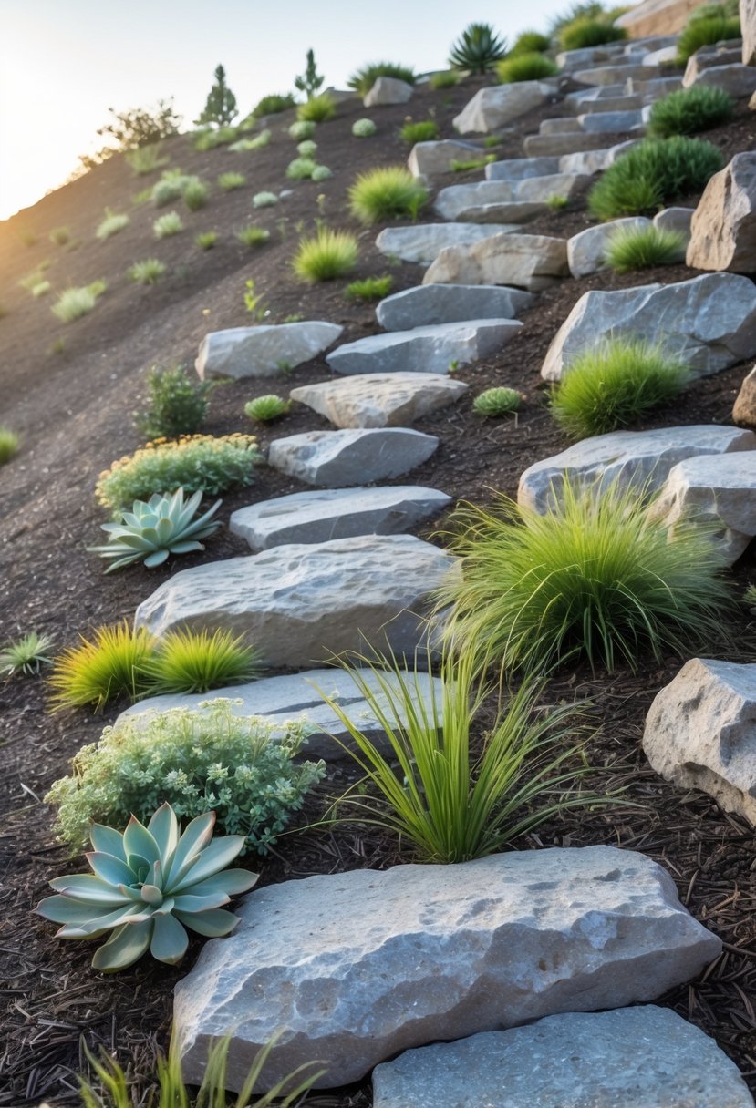 A sloping hillside with rocks arranged to guide rainwater, featuring drought-tolerant plants growing between the rocks.