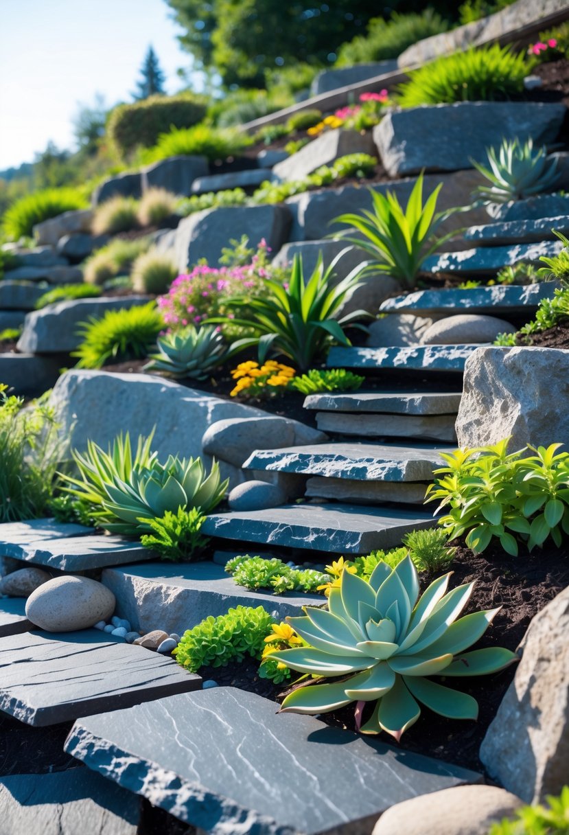 A rock garden on a slope with flat planting areas made from slate, filled with green plants and decorative stones.