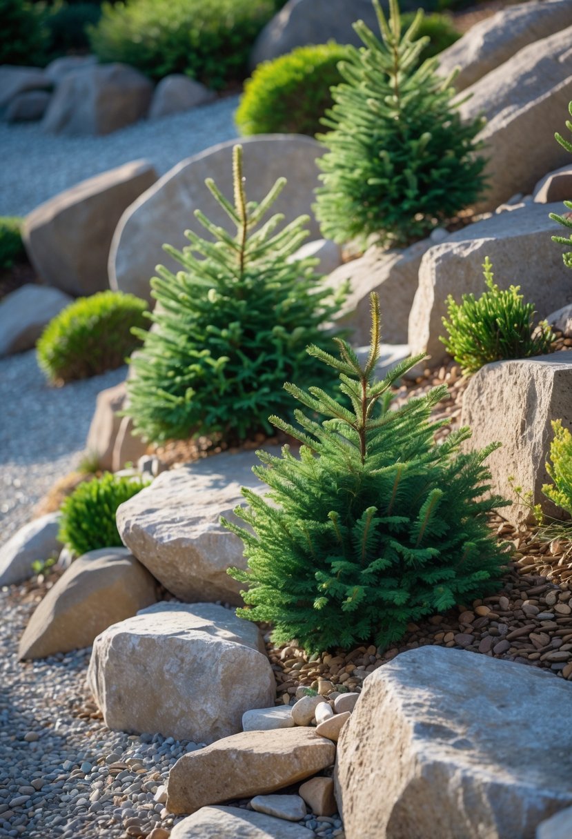 A rock garden on a slope with small dwarf pine evergreens growing among rocks and gravel.