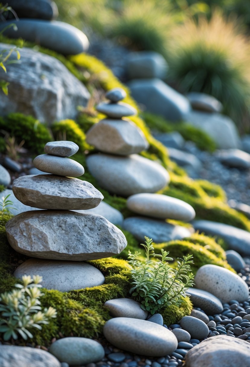 Small balanced rock pyramids arranged on a sloped rock garden with moss and plants.