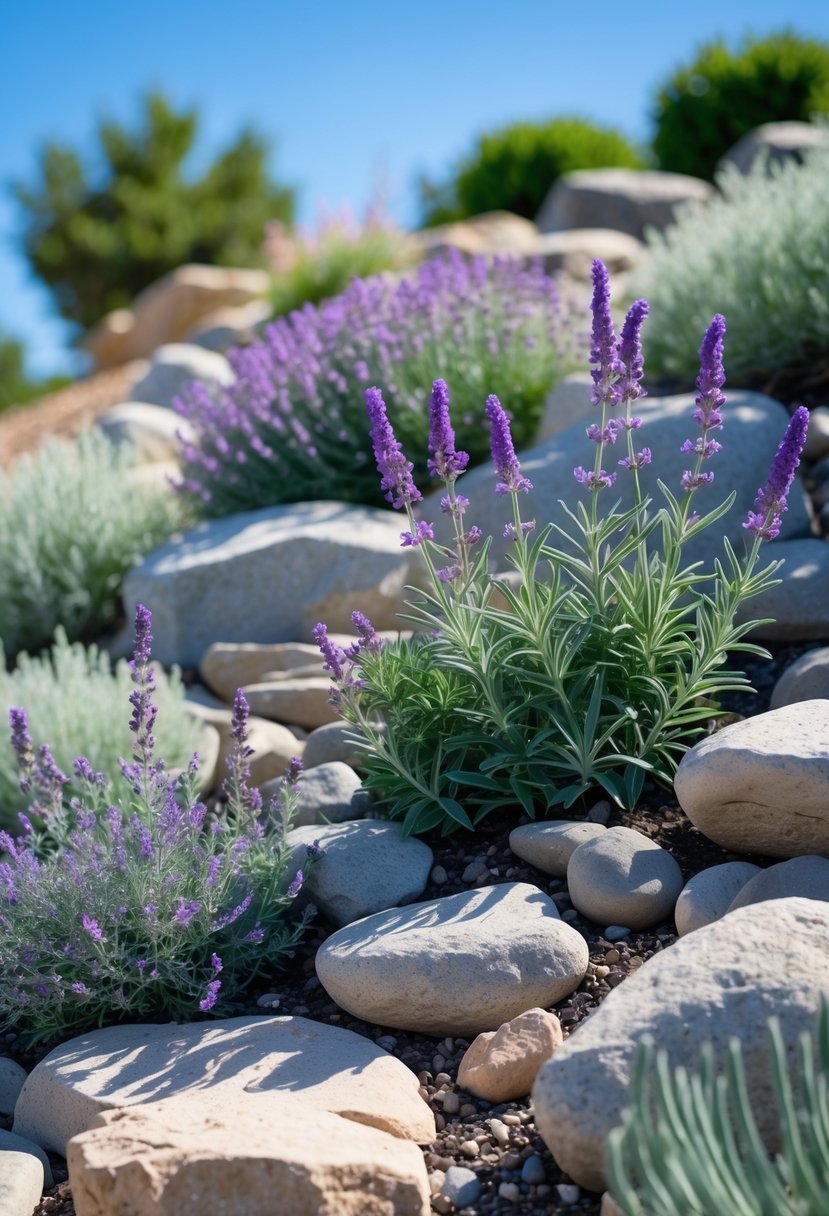 A sloped rock garden with lavender and sage plants growing among stones under natural sunlight.