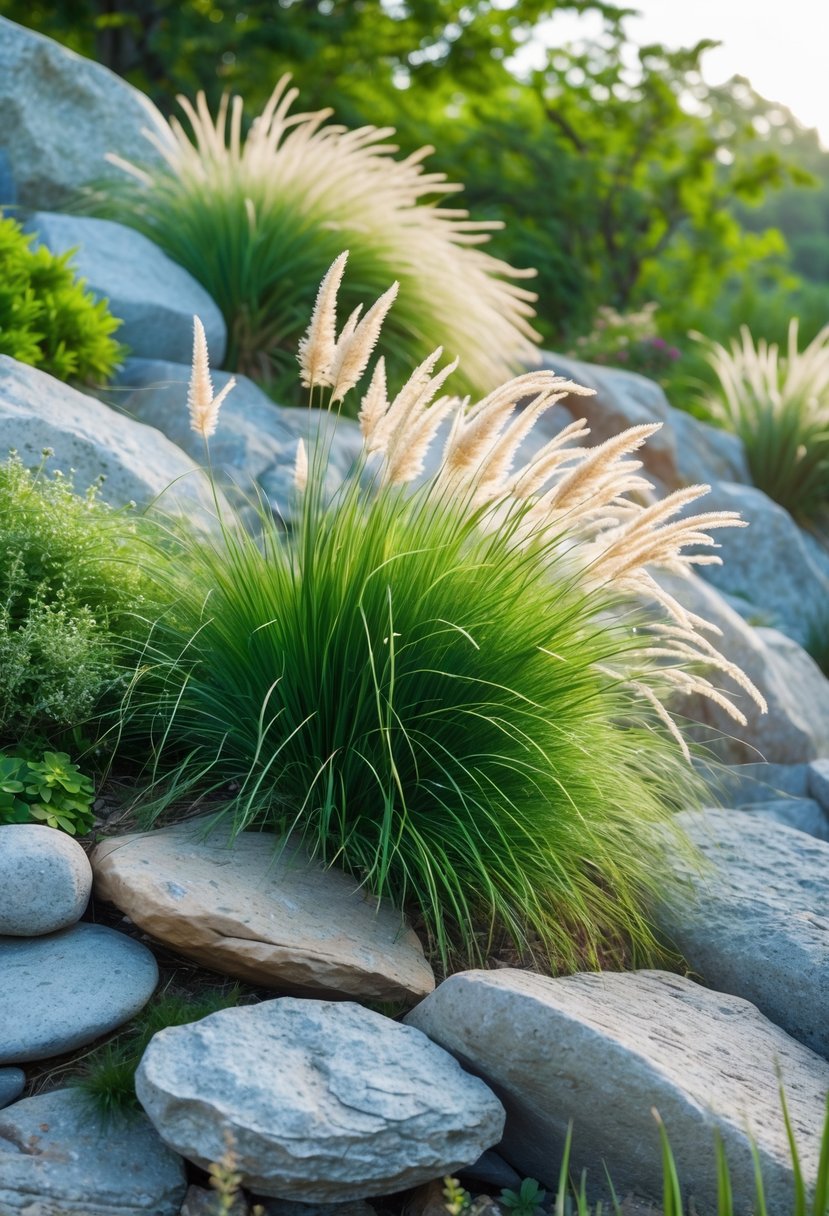 Ornamental grasses swaying among stones in a rock garden on a slope.