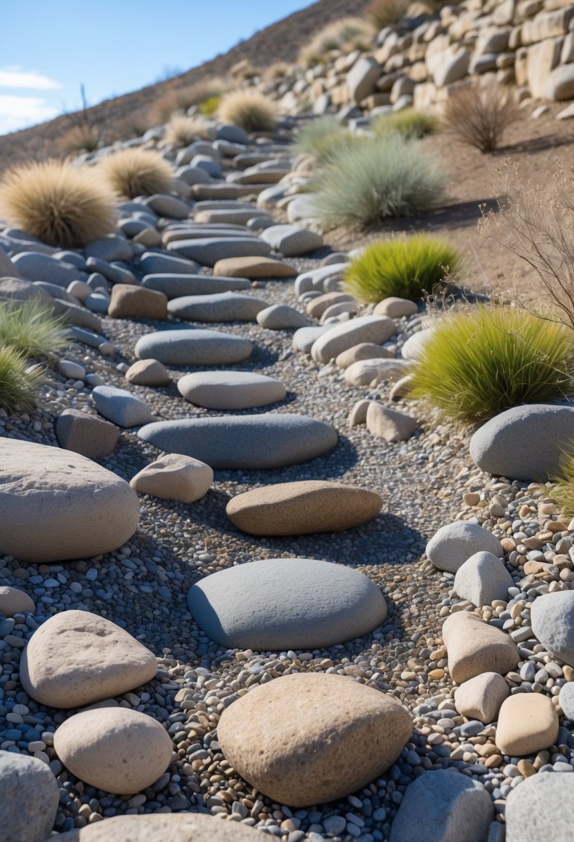 A dry creek bed on a gentle slope made of smooth river rocks surrounded by low maintenance plants.