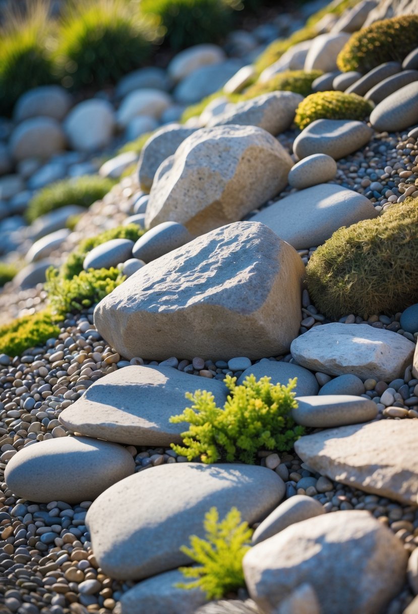 A rock garden on a slope with smooth pebbles and rough rocks arranged among small patches of greenery.