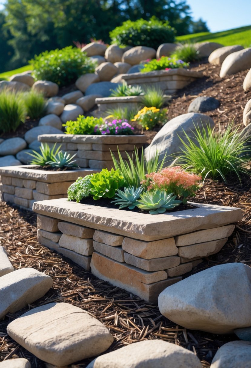 Raised stone planter boxes arranged on a sloped rock garden filled with various green plants and flowers.