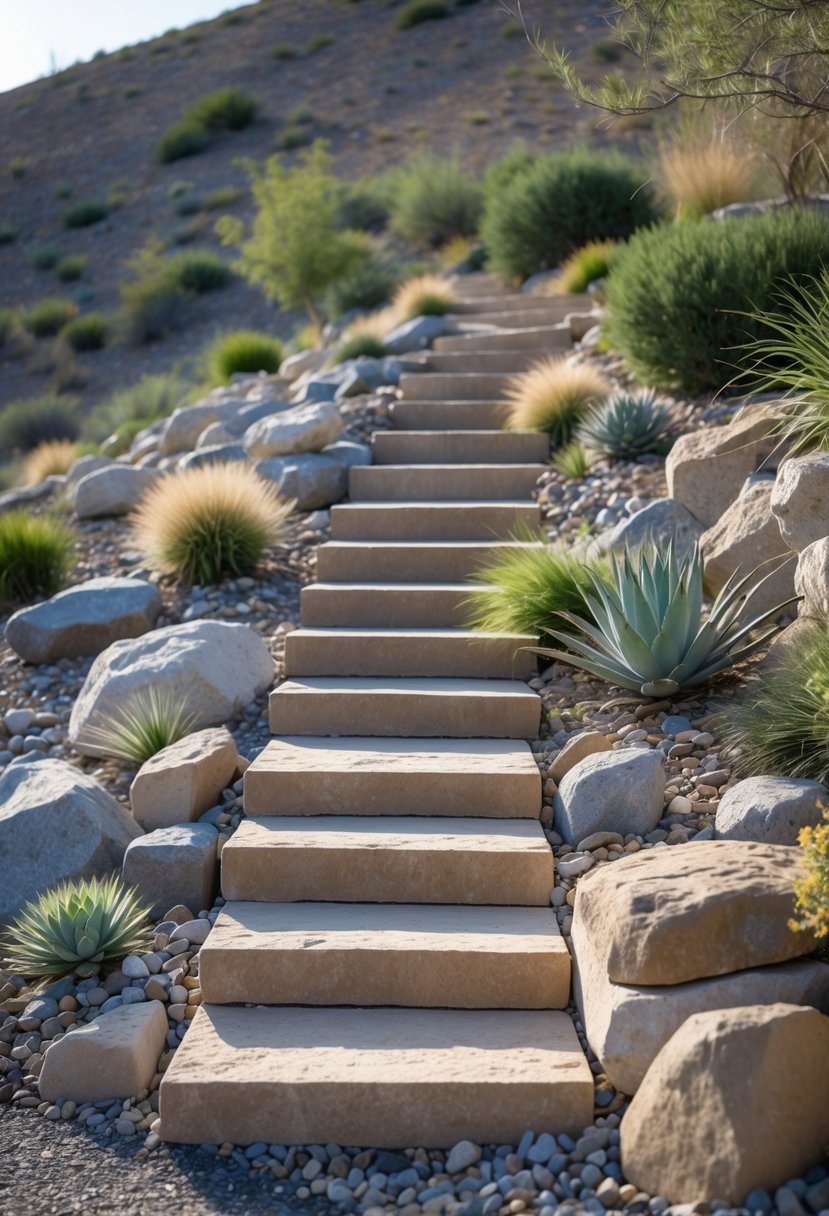 Stone steps forming a simple stairway ascending a slope surrounded by rocks and low maintenance plants.
