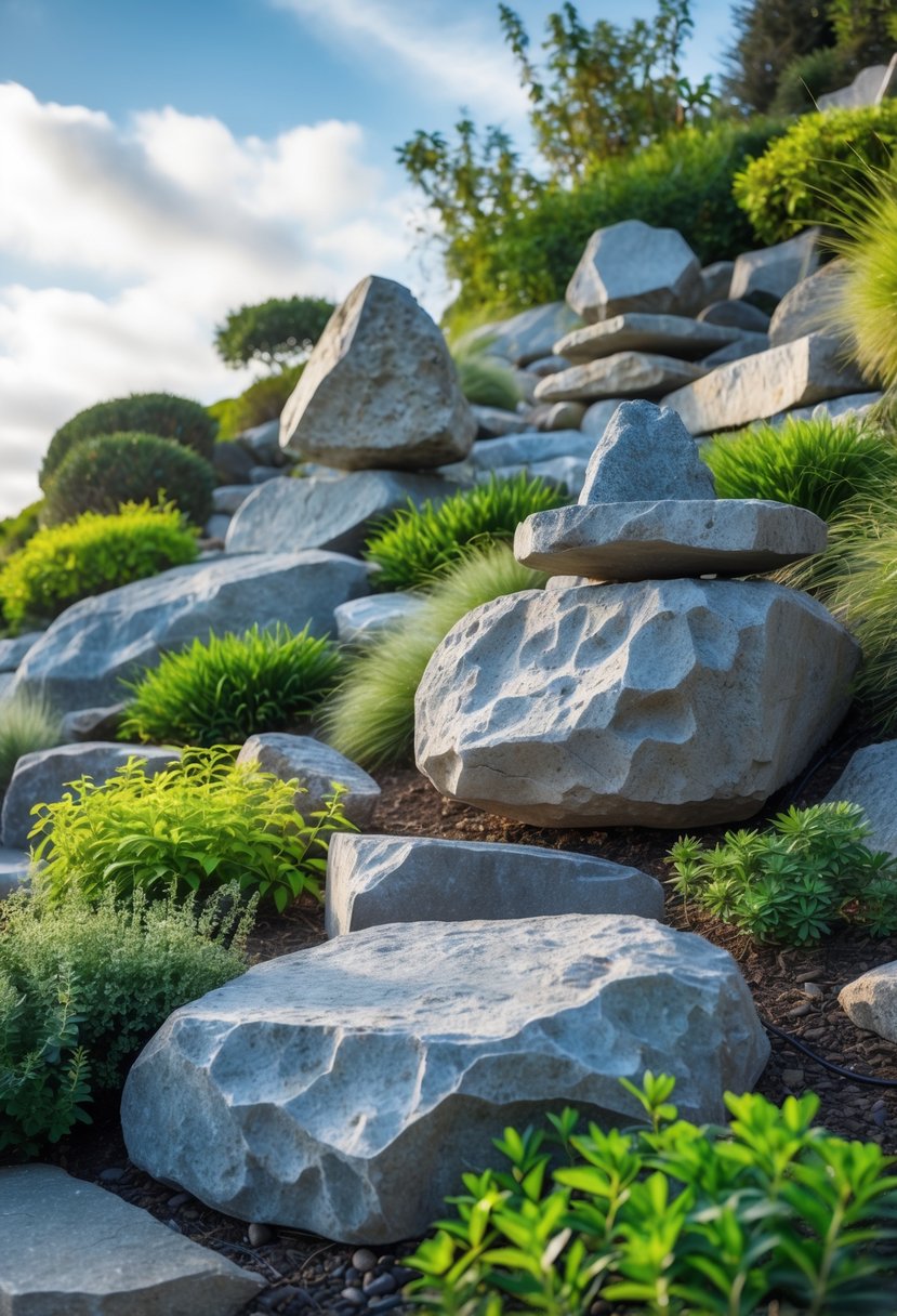 A rock garden on a slope with artistically arranged rock sculptures and green plants under natural sunlight.