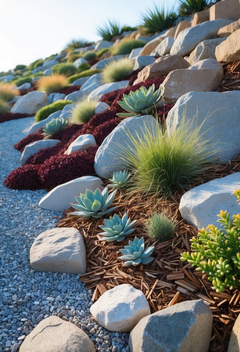 A rock garden on a gentle slope with different colored rock mulch and scattered small plants.