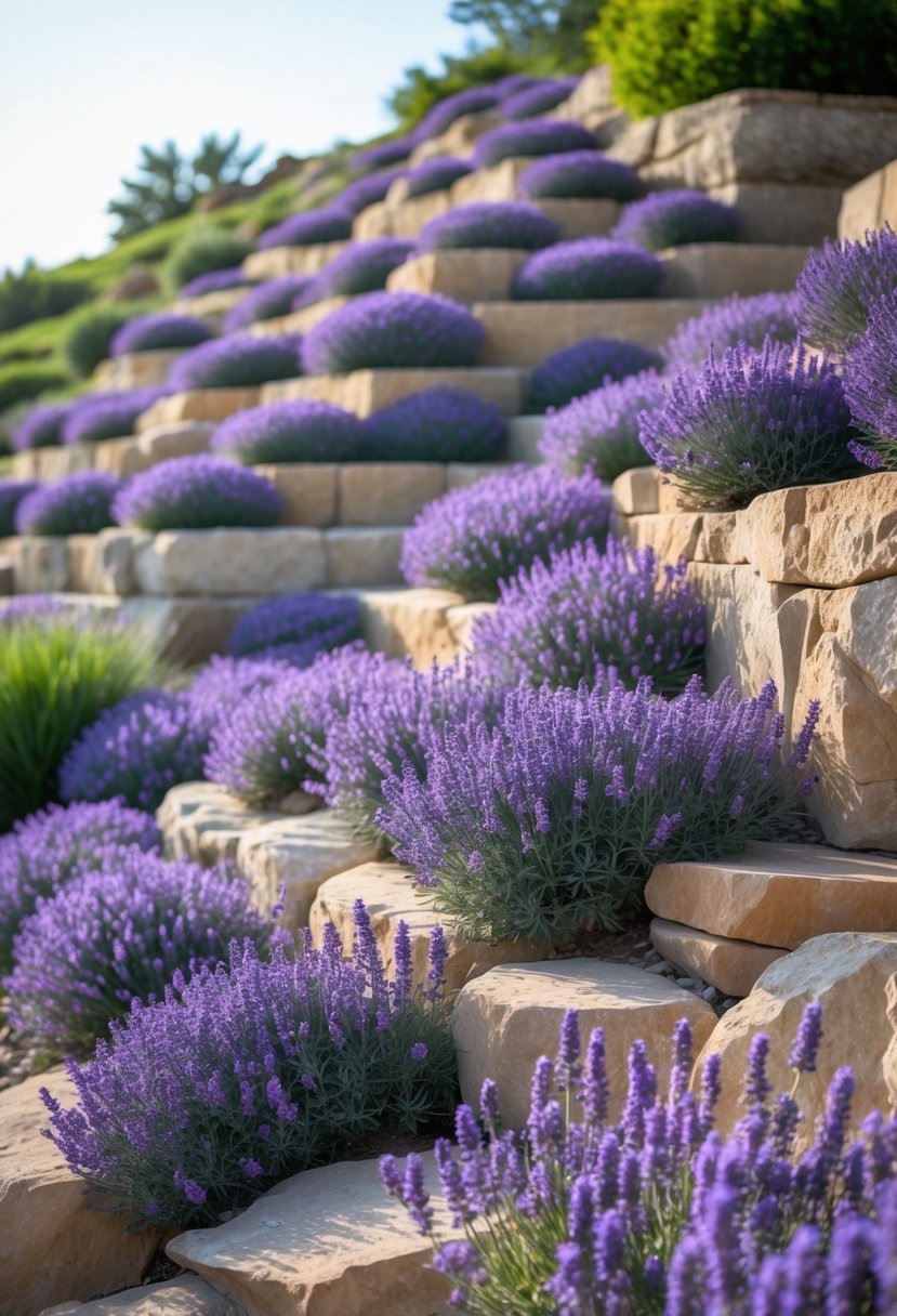 A rock garden on a slope with rocky terraces filled with blooming lavender plants.