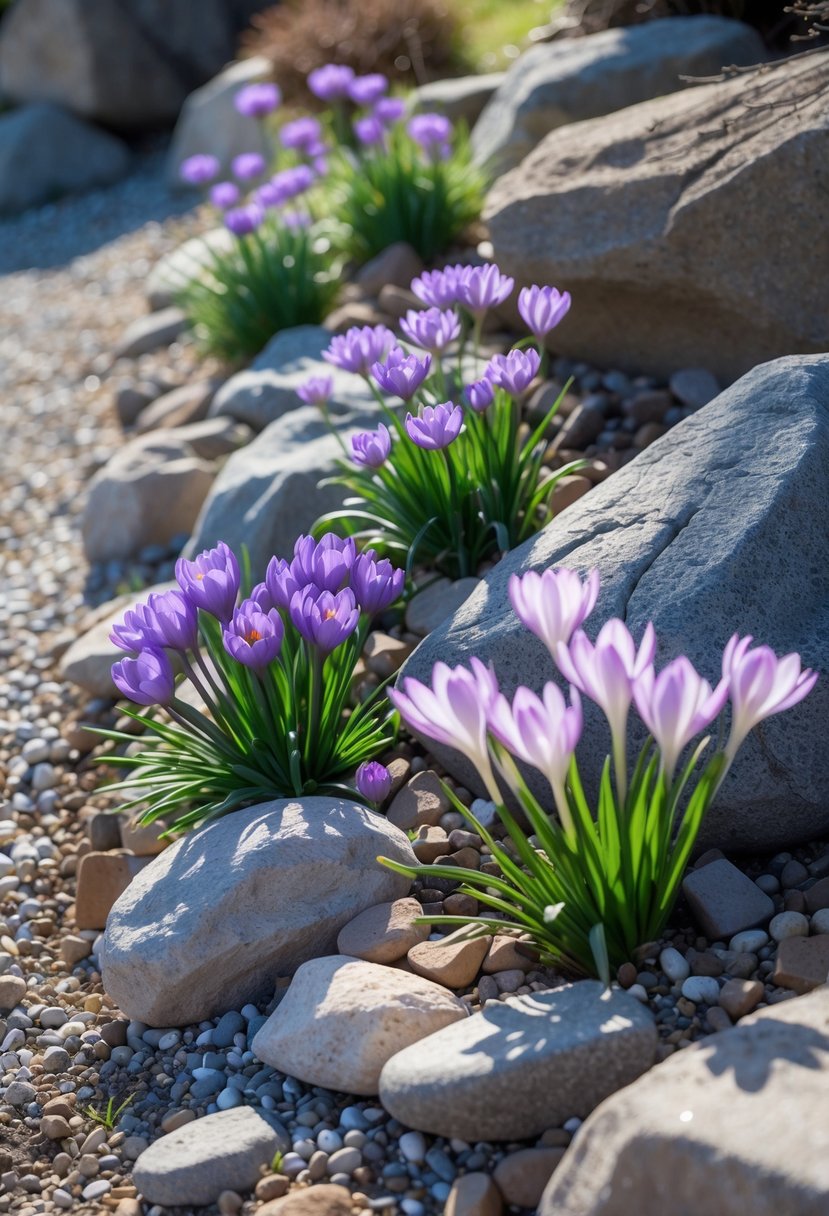 A sloped rock garden with blooming crocus and allium flowers growing among natural rocks and gravel.