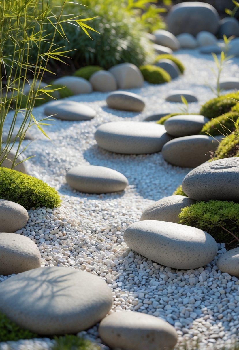 A zen garden with finely crushed gravel and smooth rocks arranged on a gentle slope surrounded by small plants.