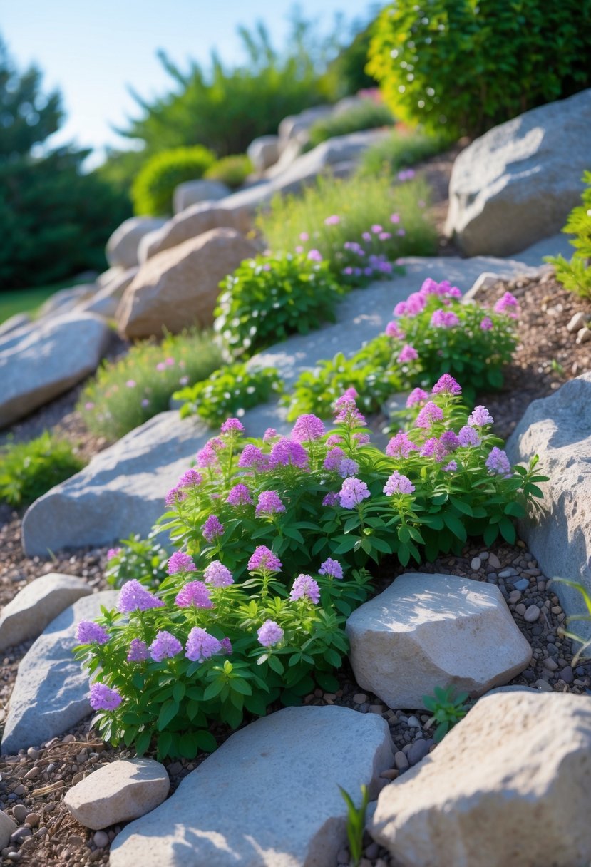 A rock garden on a gentle slope with blooming creeping phlox groundcover and natural stones under sunlight.