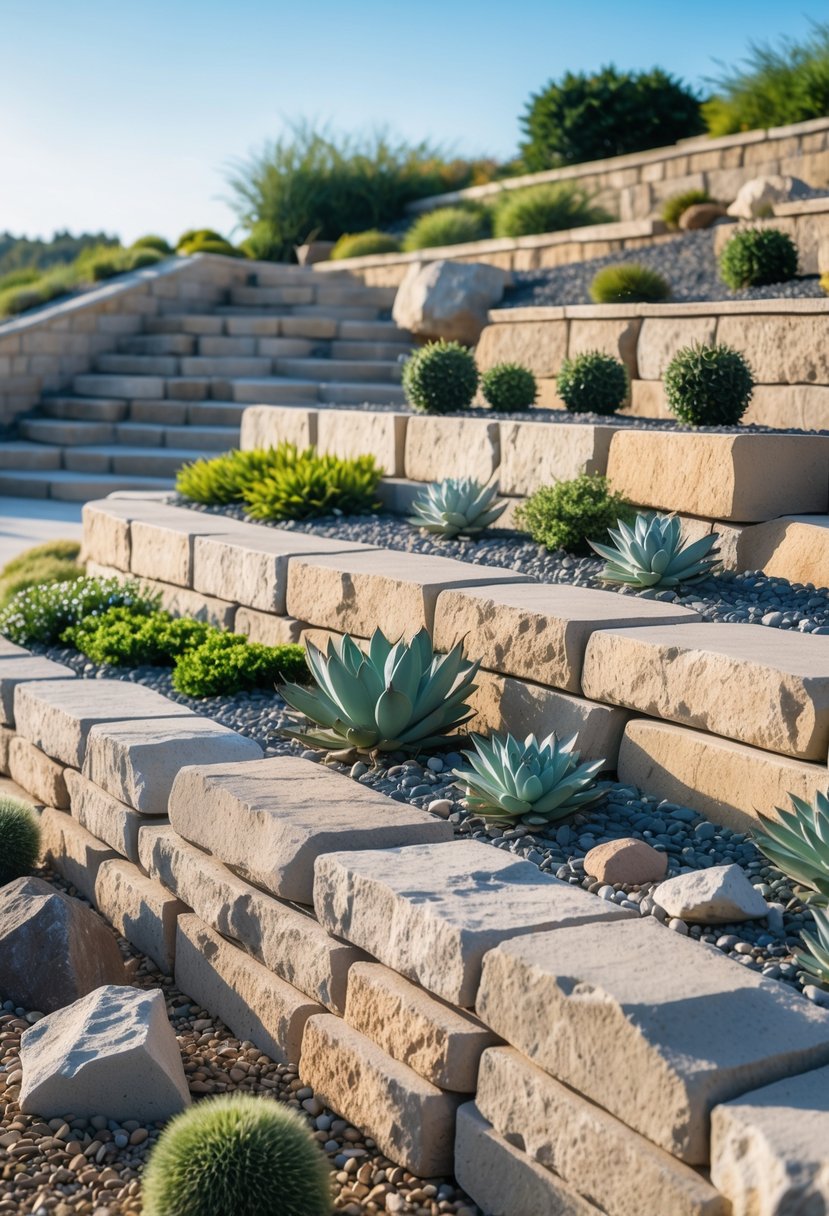 A sloping garden with gentle terraces made of natural stone retaining walls and low maintenance rock gardens with drought-resistant plants.