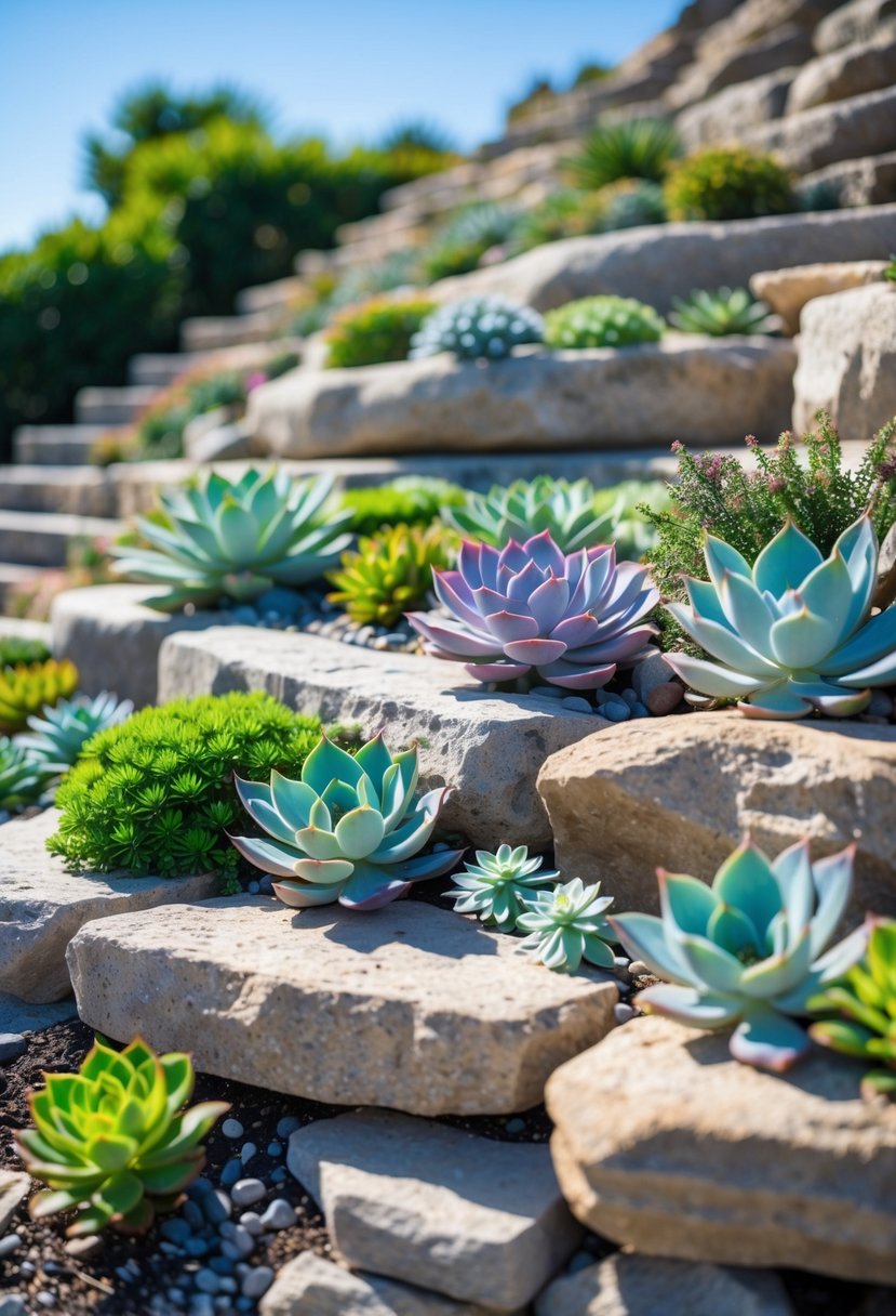A terraced rock garden on a slope with multiple stone beds filled with various succulents.