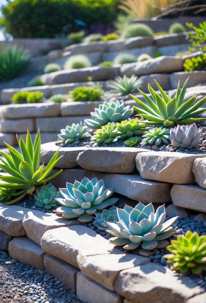 Terraced rock beds on a slope filled with various succulents and natural stone retaining walls under daylight.