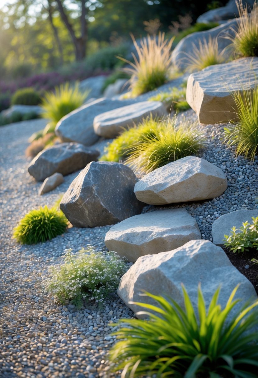 A rock garden on a slope featuring mixed gravel and large boulders with surrounding plants.
