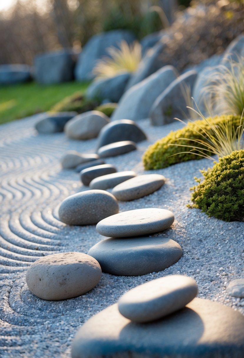 A sloped rock garden with smooth stones arranged on raked gravel and small patches of greenery.