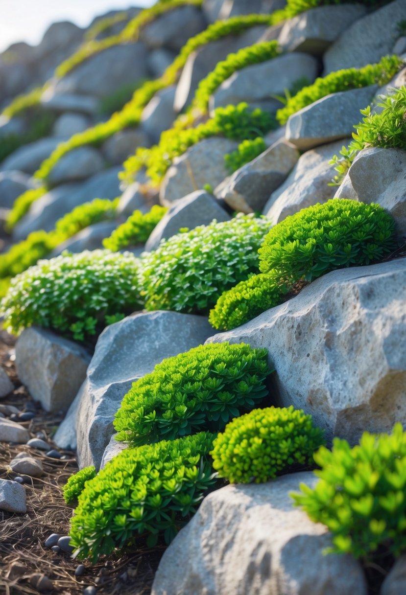 A rock garden on a slope with crevices filled with green sedum plants between natural rocks.