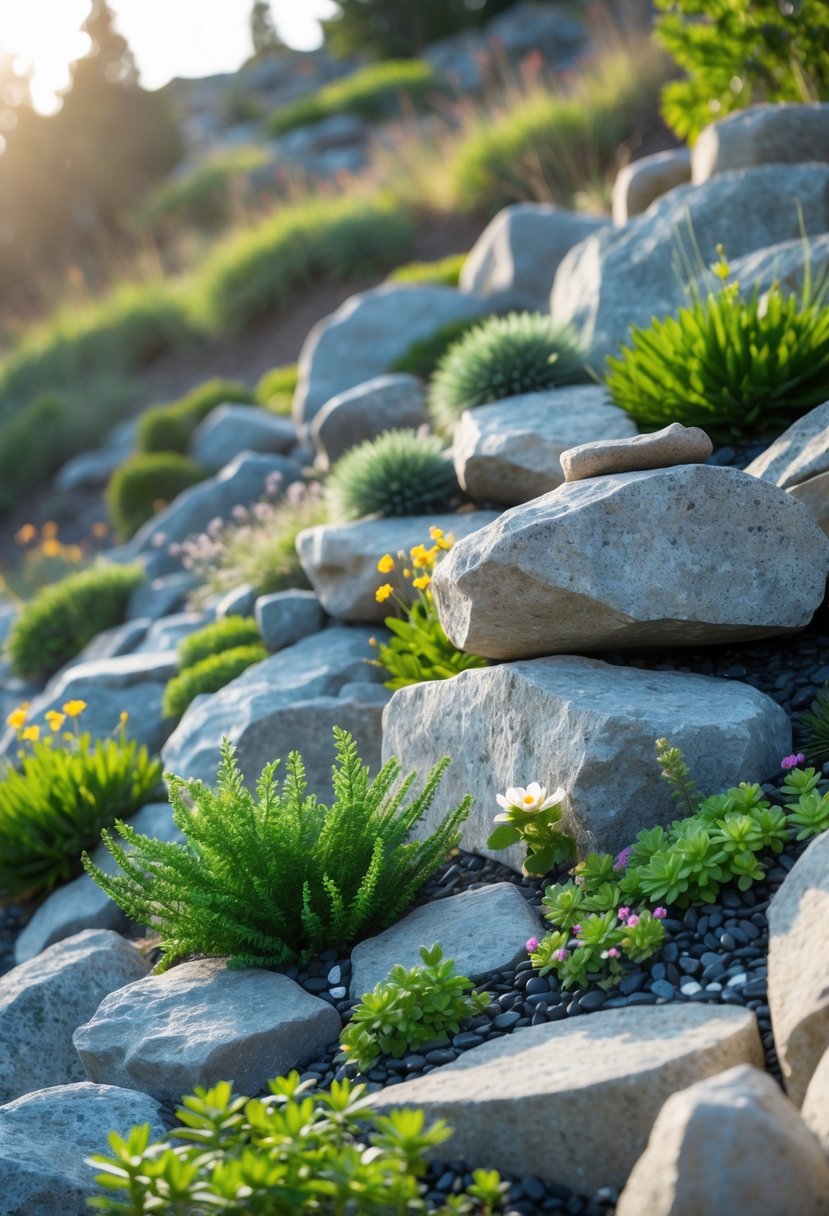 A rock garden on a slope with piles of rocks of different heights and alpine plants growing between them.