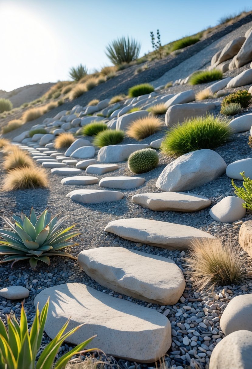 Dry creek beds winding through a sloped rock garden with rocks, gravel, and drought-resistant plants.