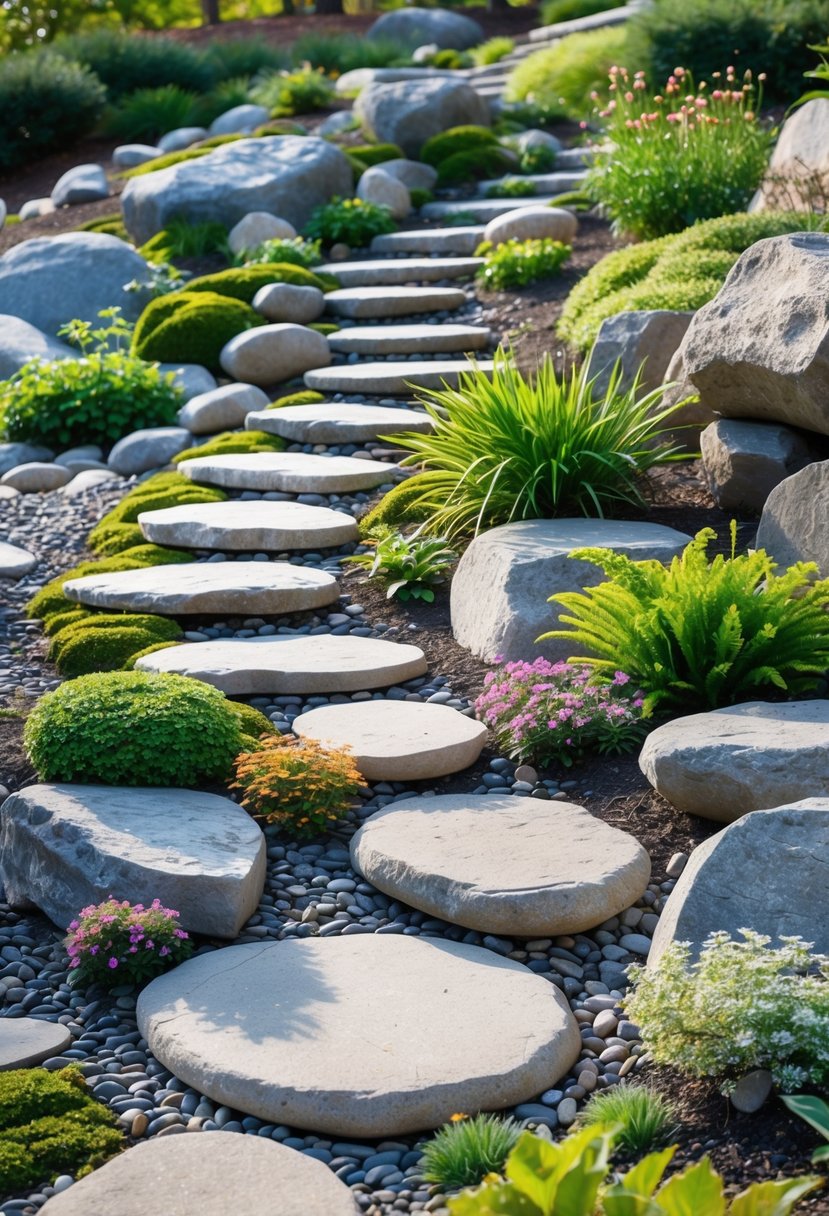 Stepping stone pathway winding through a garden with rocks, plants, and flowers on a gentle slope.