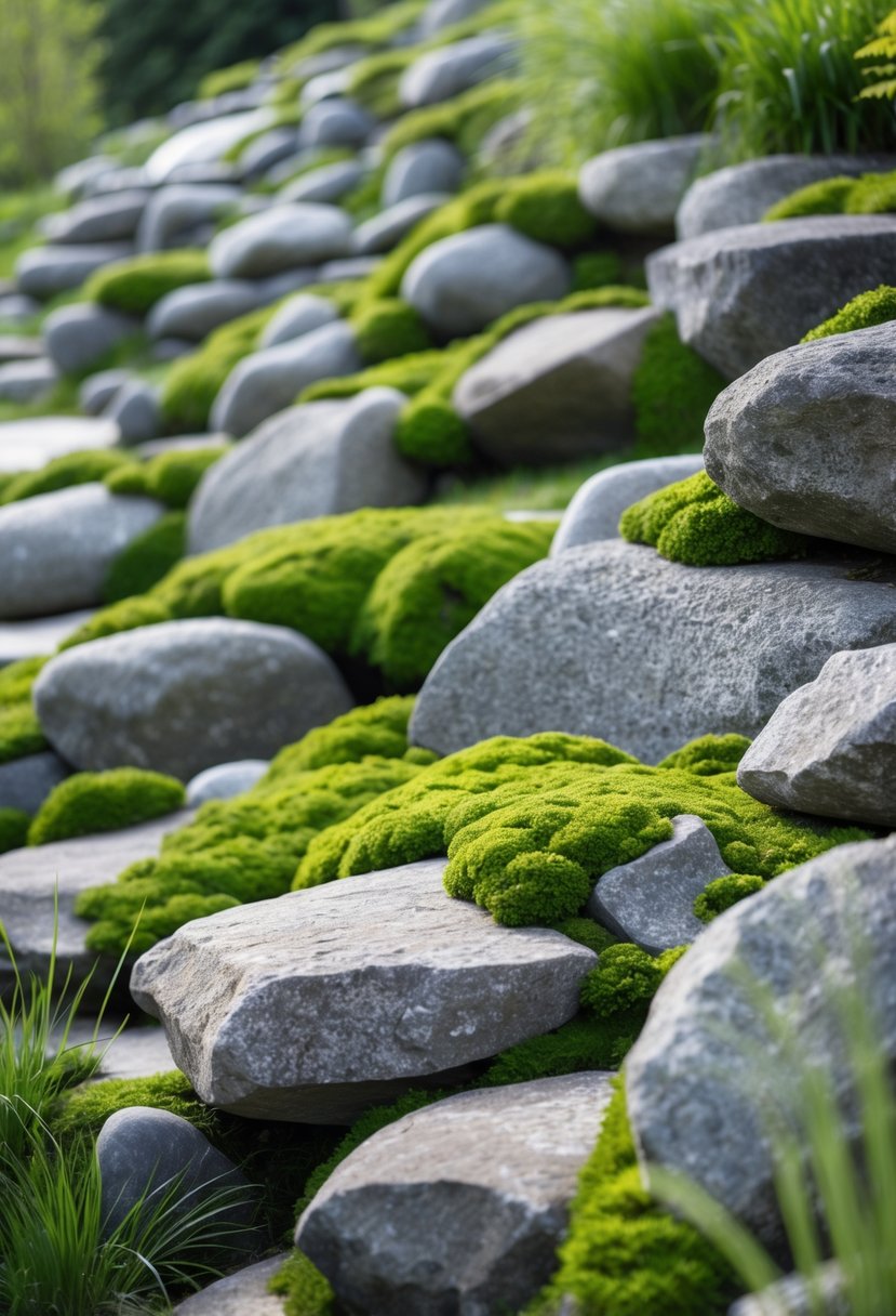 A slope covered with small boulders and patches of green moss arranged in a rock garden.
