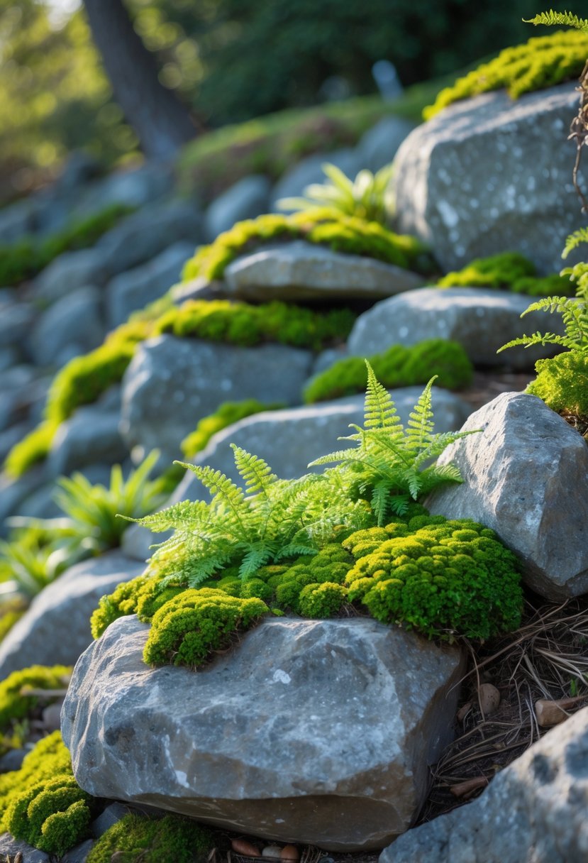 A slope with rocks containing pockets of moss and ferns arranged in a garden setting.
