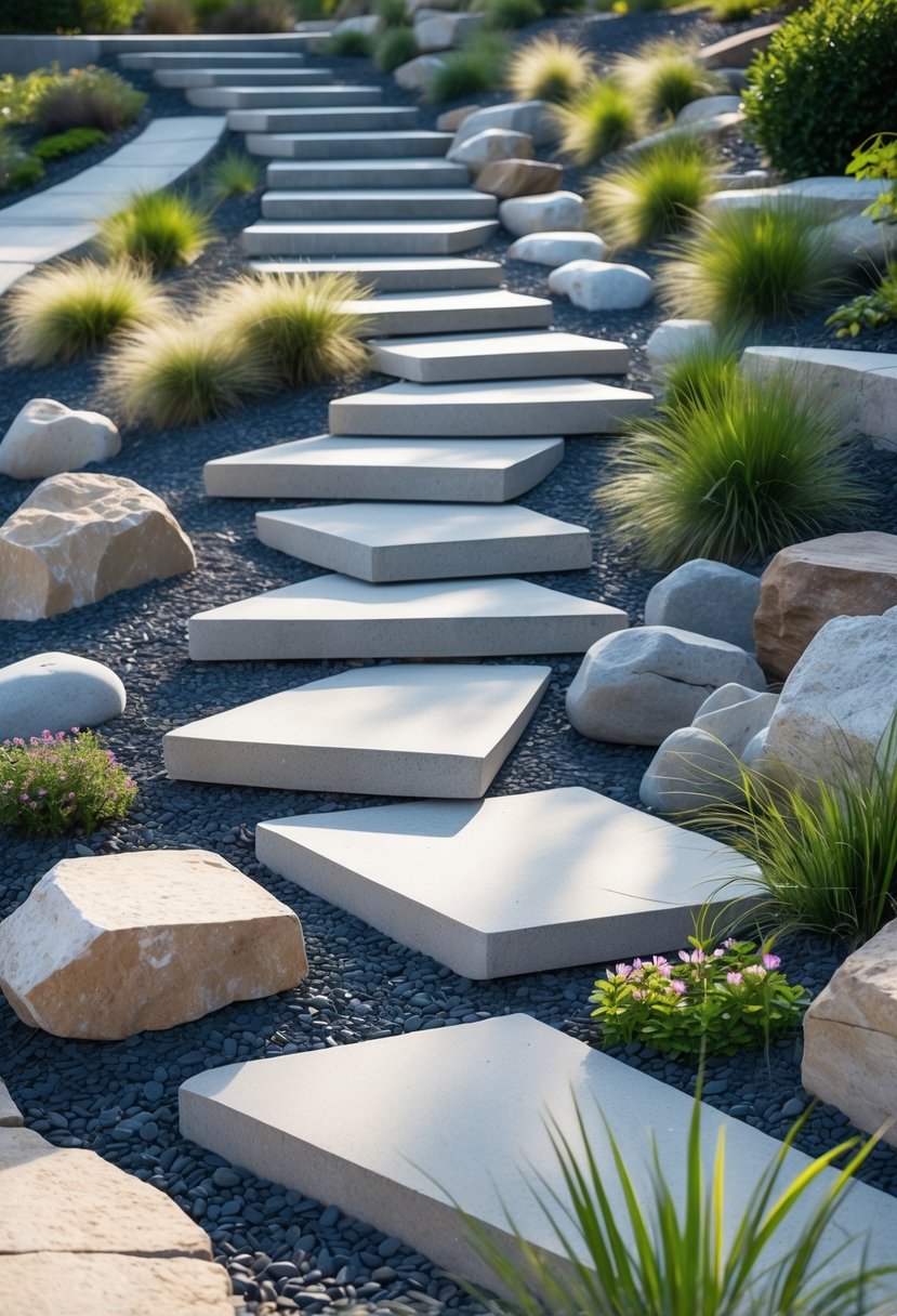 A stone stepping path arranged in geometric shapes within a rock garden on a sloped terrain surrounded by plants and gravel.