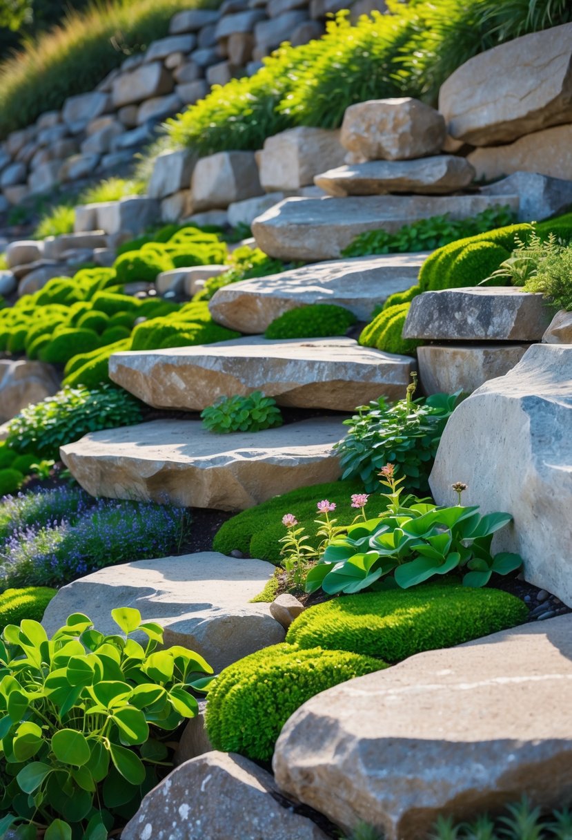A layered rock garden on a slope with various rocks and green ground cover plants.