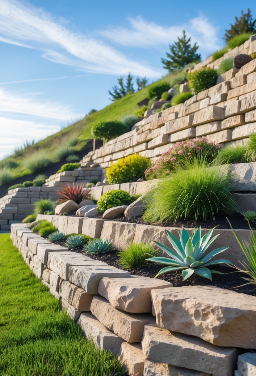 A natural stone retaining wall on a grassy slope with various plants and flowers growing among the rocks.