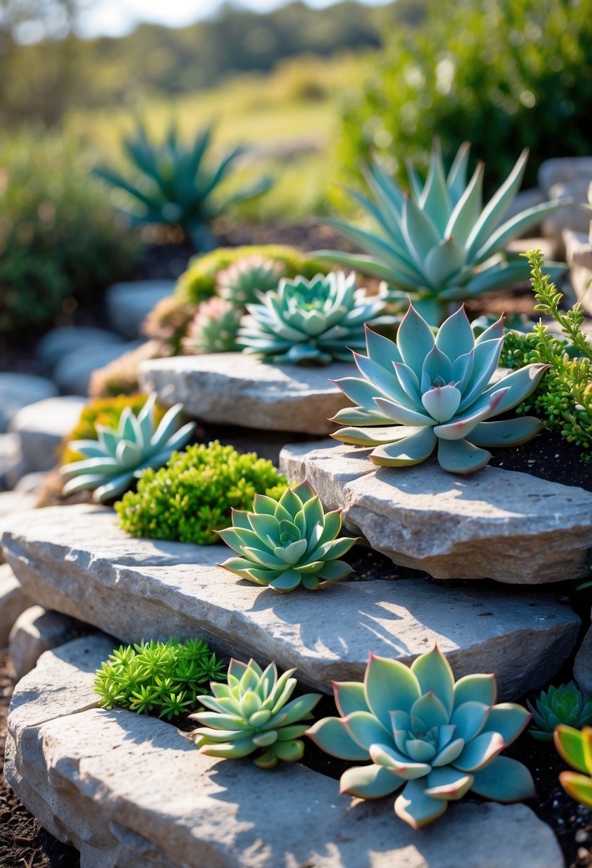 A garden on a slope with various succulent plants growing on raised rock platforms.