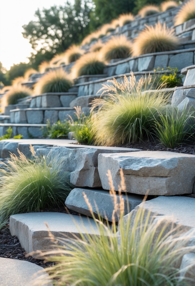 Stone terraces on a slope with ornamental grasses growing between them in a rock garden.