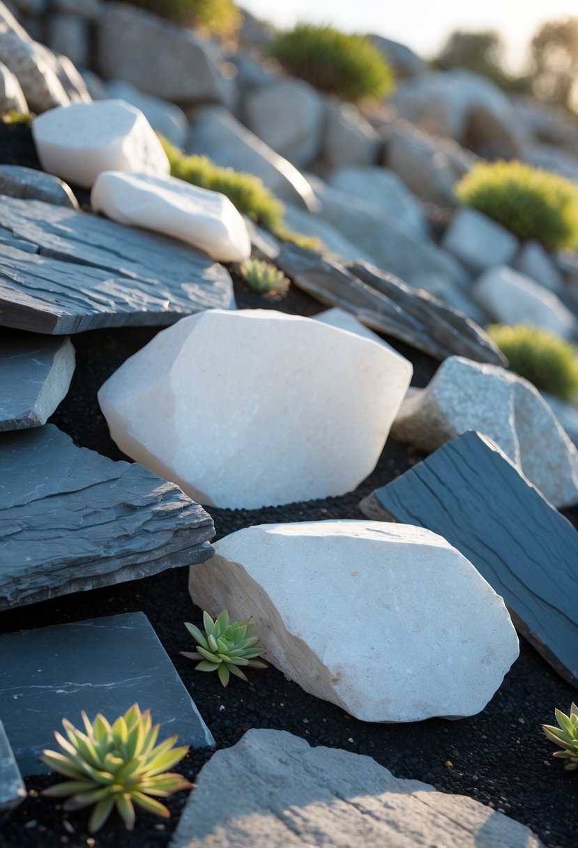 A slope covered with white quartz rocks contrasting against dark slate stones in a rock garden with some small plants.