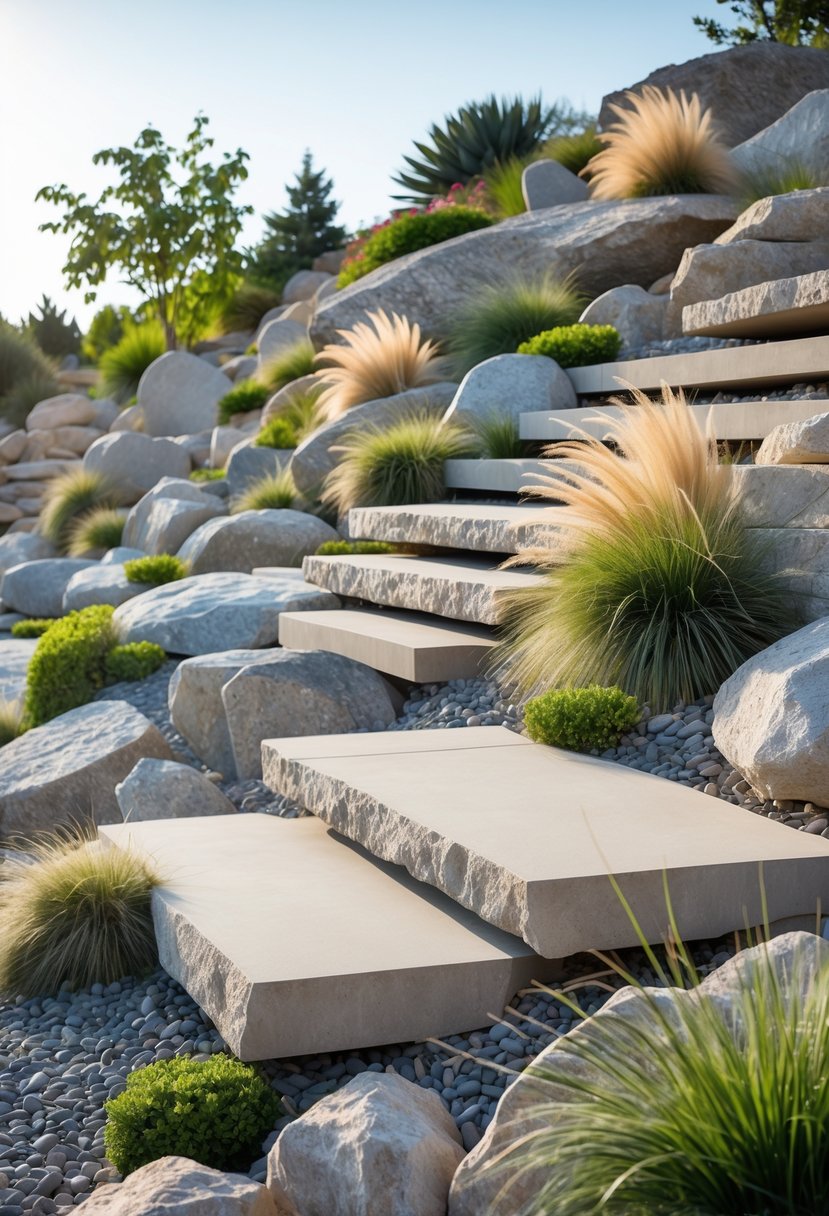 A natural rock seating area built into a sloped rock garden with stones and plants surrounding it.