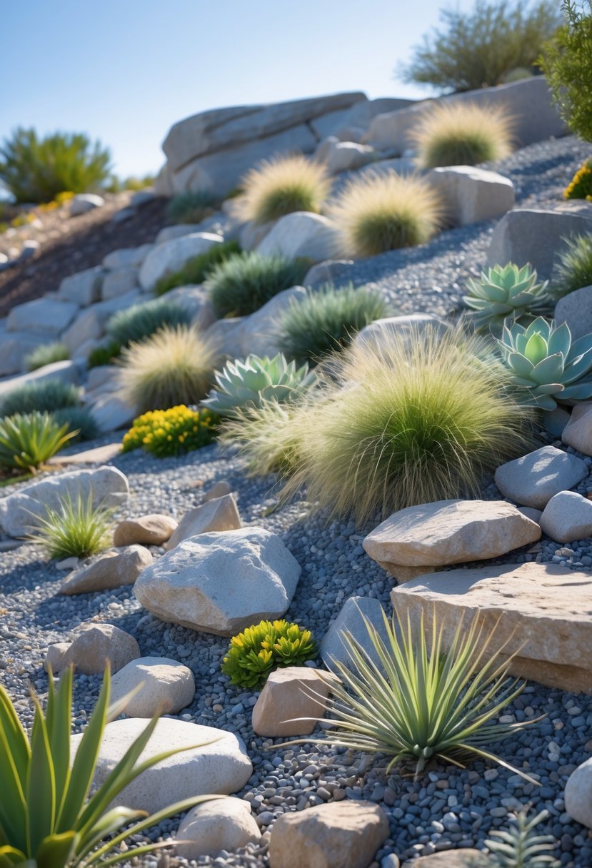 A sloped rock garden with native drought-tolerant plants growing among natural rocks and stones.