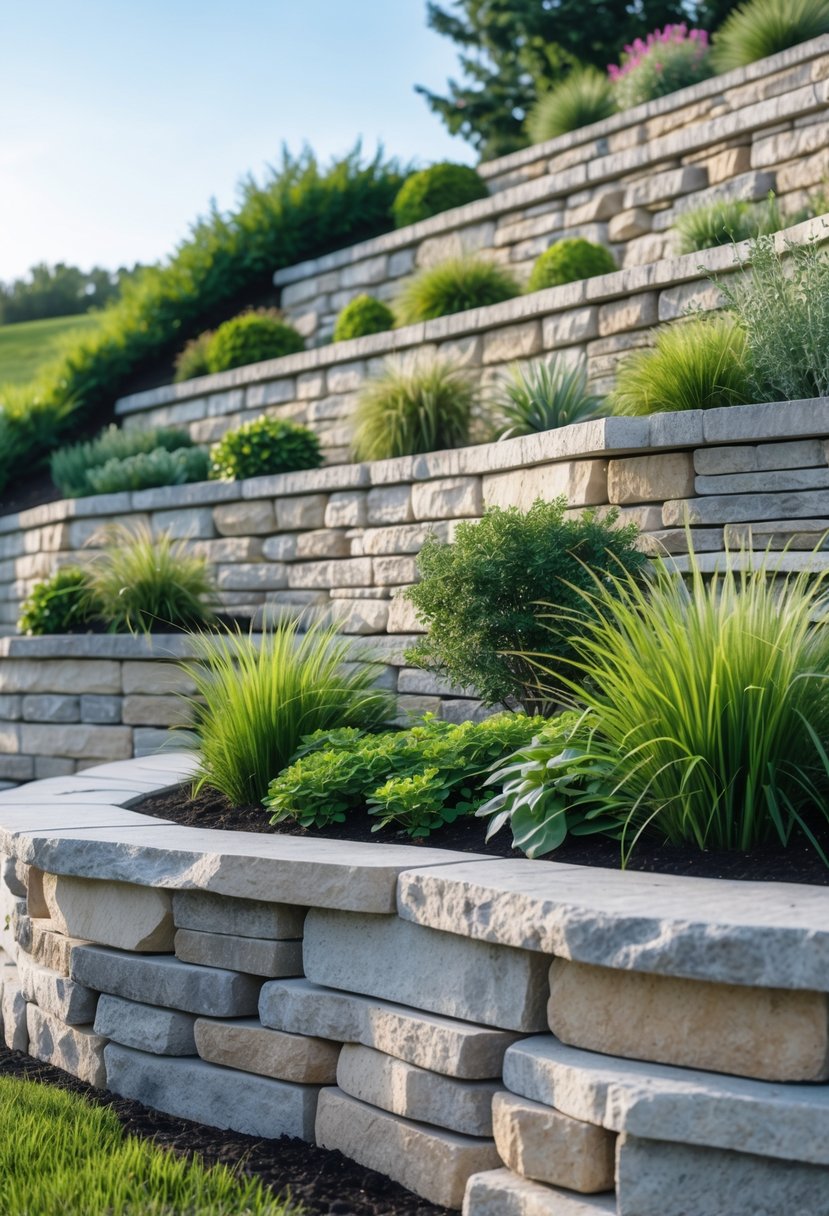 Stacked stone retaining walls with built-in planters filled with green plants on a sloped outdoor area.