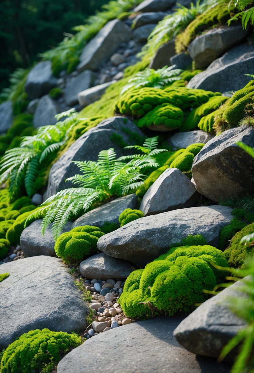 A slope covered with rocks, moss, and ferns growing in shaded areas.