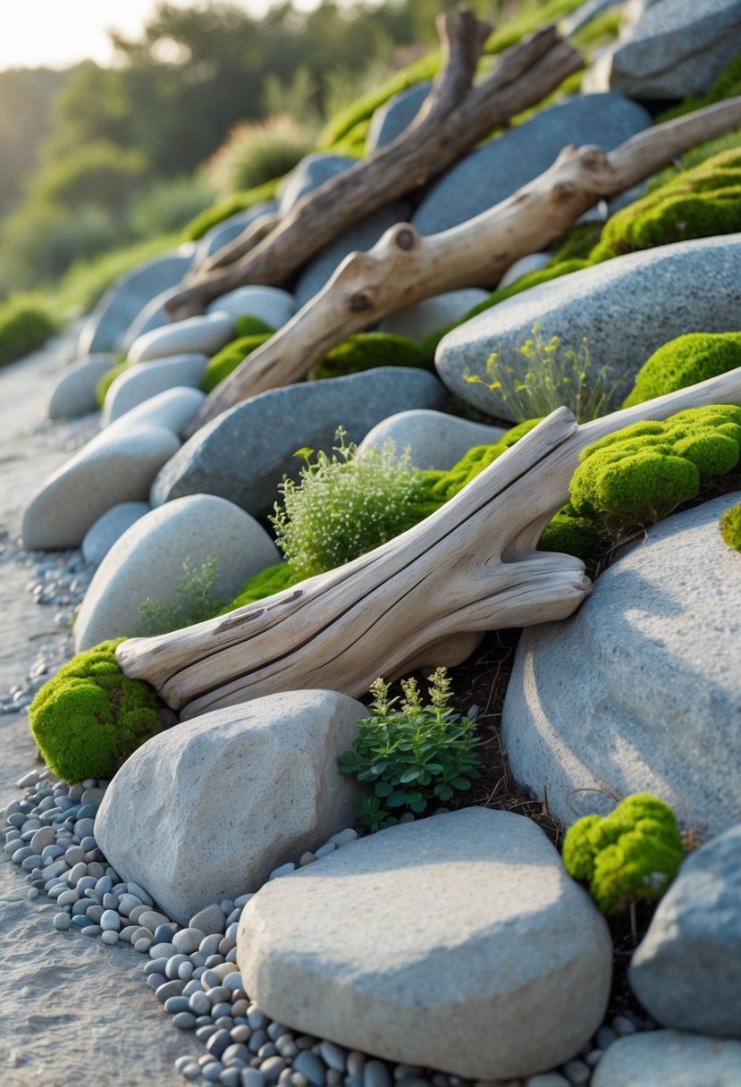 A rock garden on a slope with driftwood and rocks arranged among green plants.